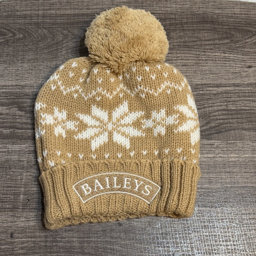 Baileys Irish Cream Embroidered Knit Beanie Hat Puff Ball Beige Toboggan Winter
